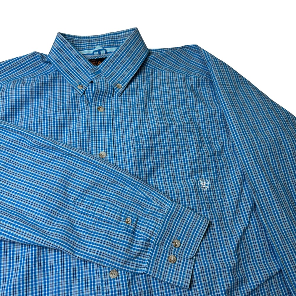 ARIAT Pro Series Abelman Fitted Button Down Shirt Blue Plaid Medium Western
